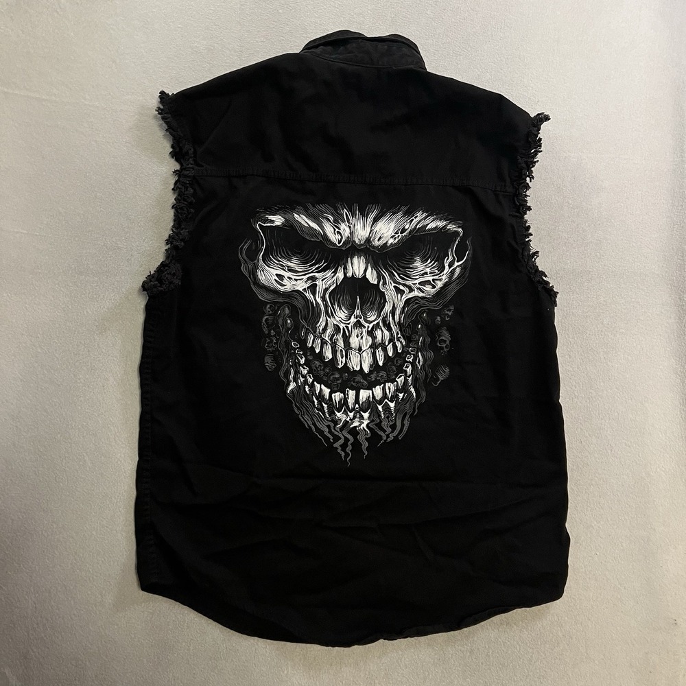 Milwaukee Leather Shirt 2XL Shredder Skull Black Sleeveless Cut Off Button Down